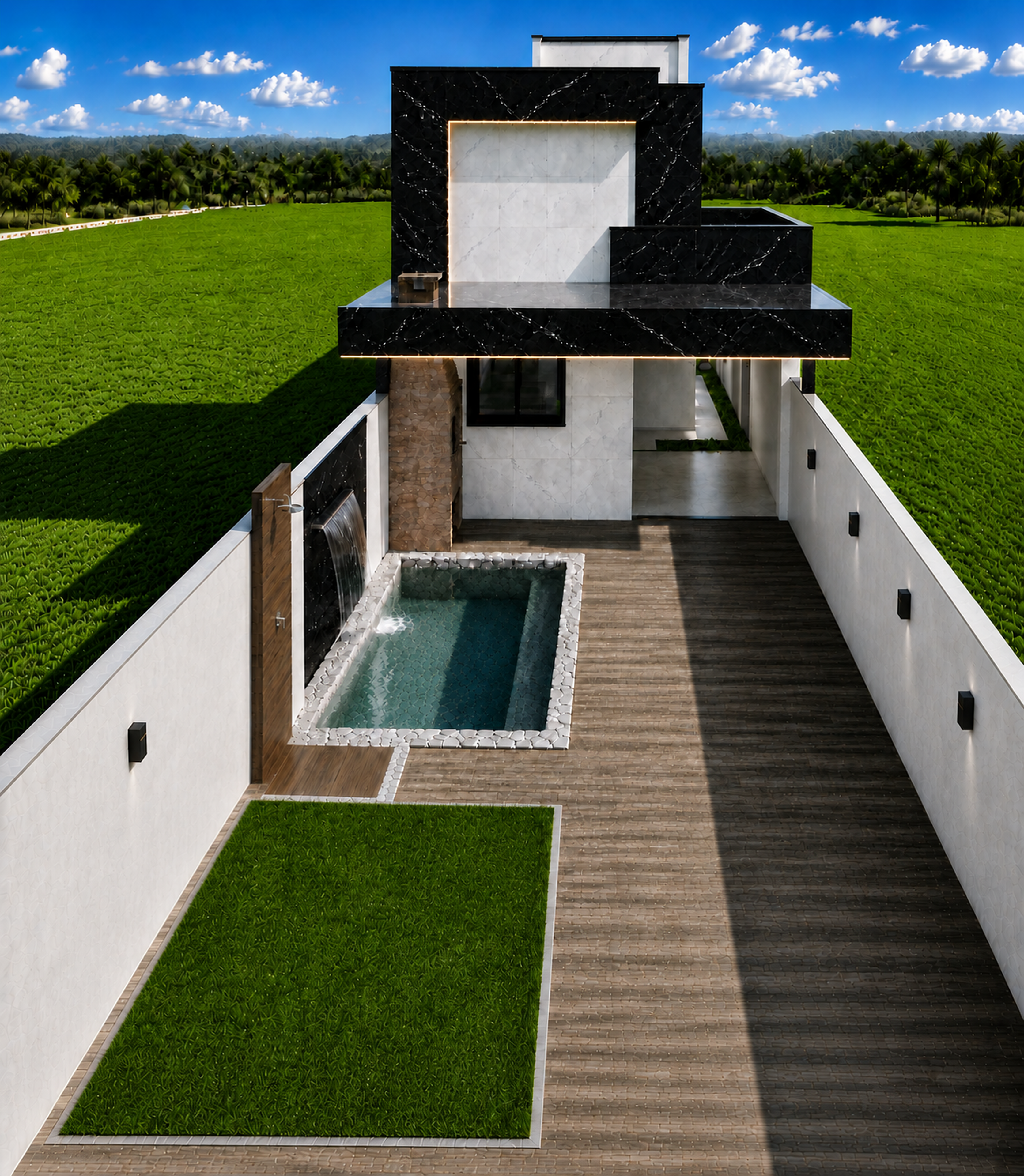 Perspectiva artística diurna da nova fachada do projeto em construção